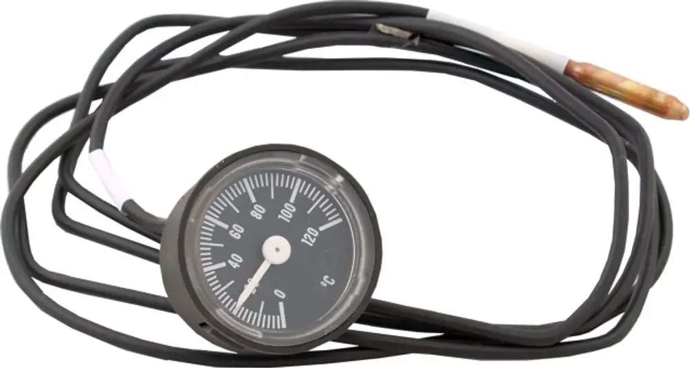 Fernthermometer mit runder Skala und schwarz-weißem Zifferblatt. Kabel verbunden mit einem Sensor. Produkt von Wolf zur Temperaturmessung.